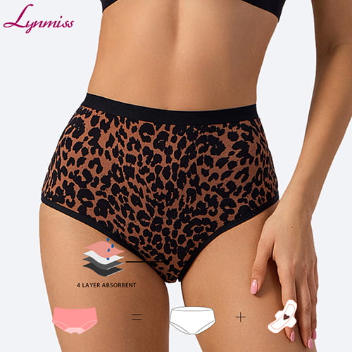 Custom Logo High-waisted leopard-print heavy flow menstrual without pads soft smooth leak proof 4 layer cotton teen period panties