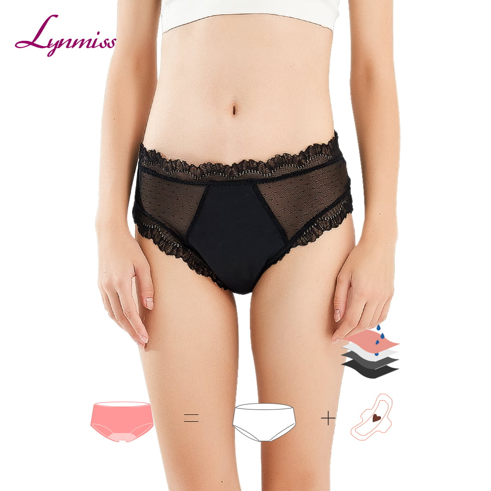 Lynmiss Teenager Period Underwear Oem Quick Drying Sexy Mesh Patchwork Design On Both Sides Black Lace Midrise Non Leak Teen Menstrual Panties Manufacturer