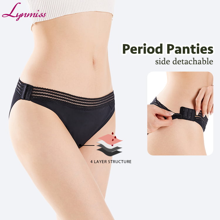 LY930 Woman Bikini Menstrual Panties Manufacturer No Pfas Biodegradable Leakproof Organic Cotton Aňbsorbent Fabric Lace Side Detachable Period Panty Dropshipping