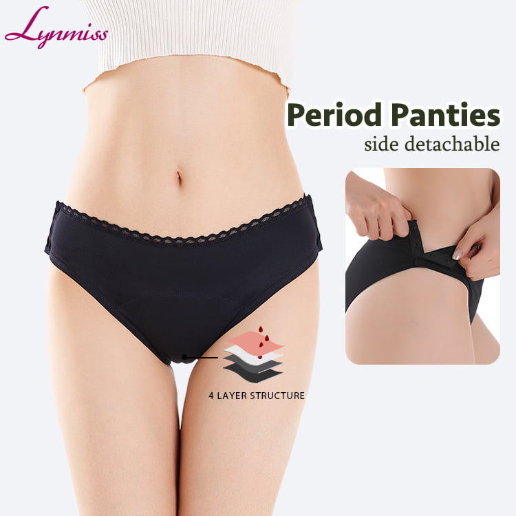 Ly933 Ladies Bikini Period Underwear Suppliers Reusable Adjustable Size Brathable Period Absorber Organic Cotton Leak Proof Side Detachable Menstrual Panties Wholesale